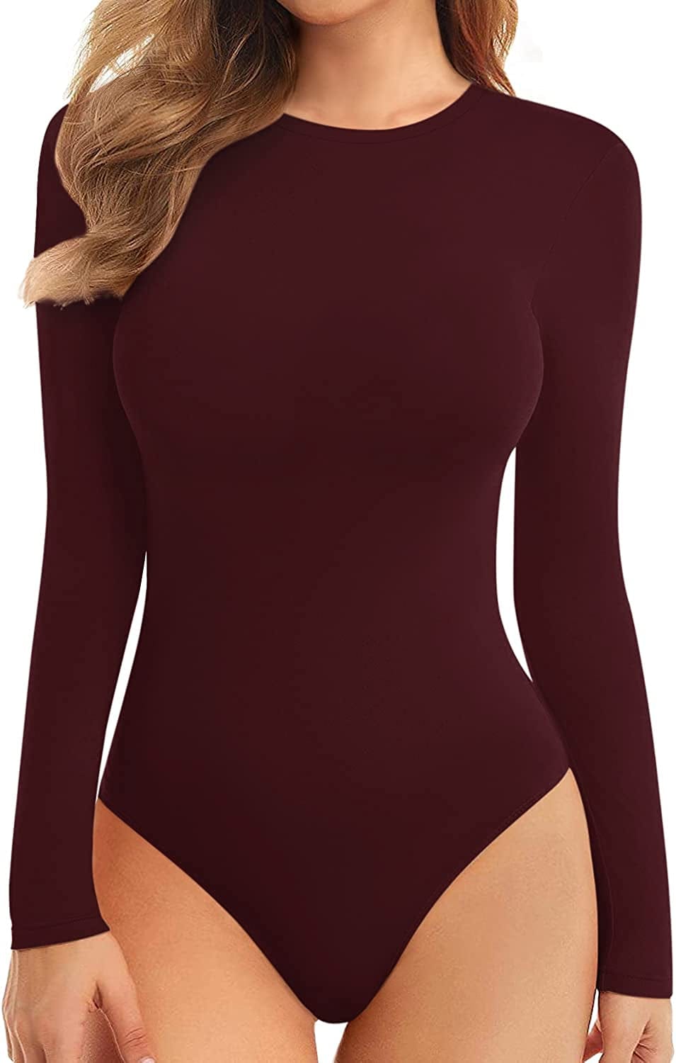 Women'S Halter Neck Sleeveless Sexy Tank Tops/Crew Neck Long Sleeve Bodysuit Long Sleeve Burgundy / Medium