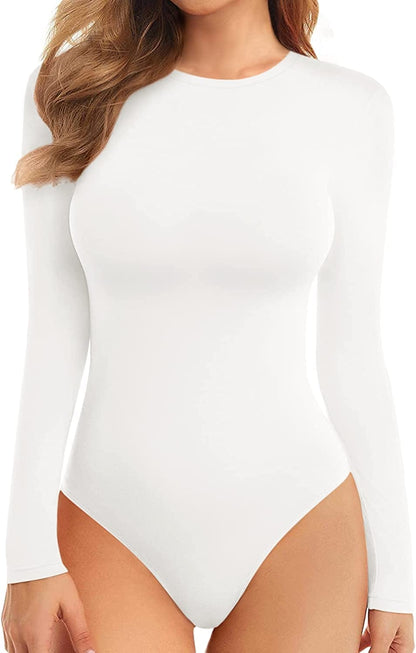 Women'S Halter Neck Sleeveless Sexy Tank Tops/Crew Neck Long Sleeve Bodysuit B Long Sleeve White / Medium
