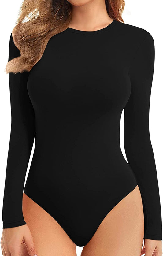 Women'S Halter Neck Sleeveless Sexy Tank Tops/Crew Neck Long Sleeve Bodysuit B Long Sleeve Black / Medium