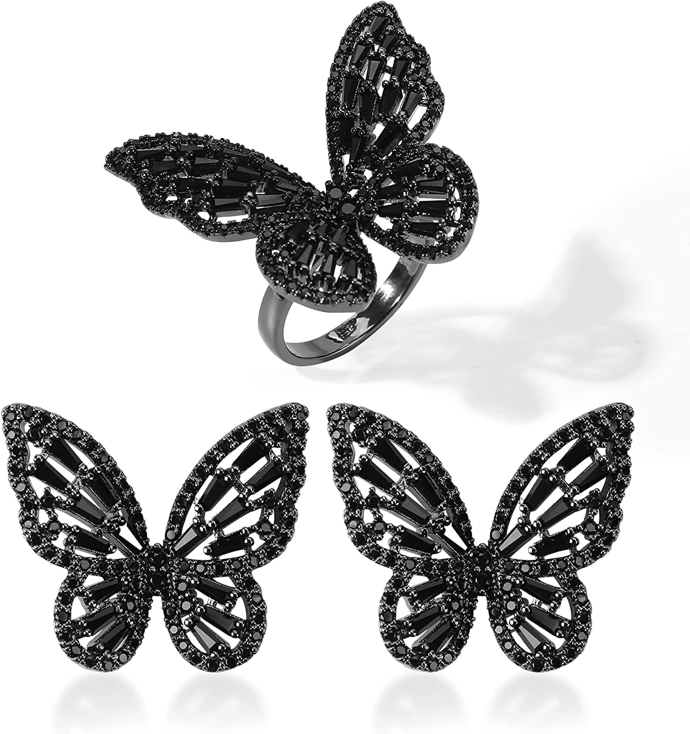 Women'S Jewelry Sets Crystal Butterfly Earrings Necklaces for Women Girls Cubic Zirconia White Gold Butterfly Necklace Ring Bangle Bracelet Birthday Anniversary Valentines Mother'S Day Jewelry Gifts for Mom Bridesmaid Wife Sister Friend 95 Black-Earrings+Ring