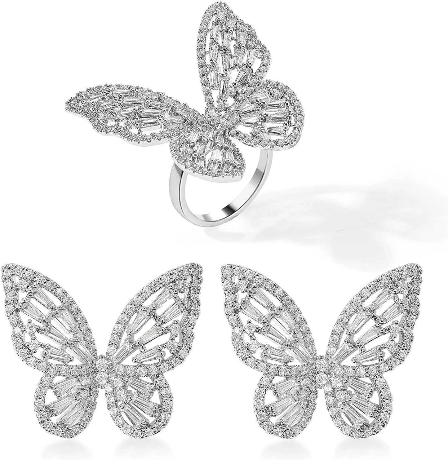 Women'S Jewelry Sets Crystal Butterfly Earrings Necklaces for Women Girls Cubic Zirconia White Gold Butterfly Necklace Ring Bangle Bracelet Birthday Anniversary Valentines Mother'S Day Jewelry Gifts for Mom Bridesmaid Wife Sister Friend EA95 Silver-Earrings+Ring
