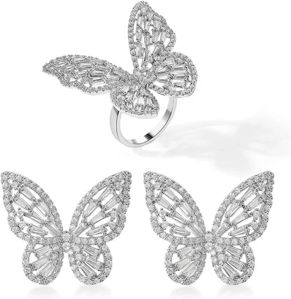 Women'S Jewelry Sets Crystal Butterfly Earrings Necklaces for Women Girls Cubic Zirconia White Gold Butterfly Necklace Ring Bangle Bracelet Birthday Anniversary Valentines Mother'S Day Jewelry Gifts for Mom Bridesmaid Wife Sister Friend EA95 Silver-Earrings+Ring