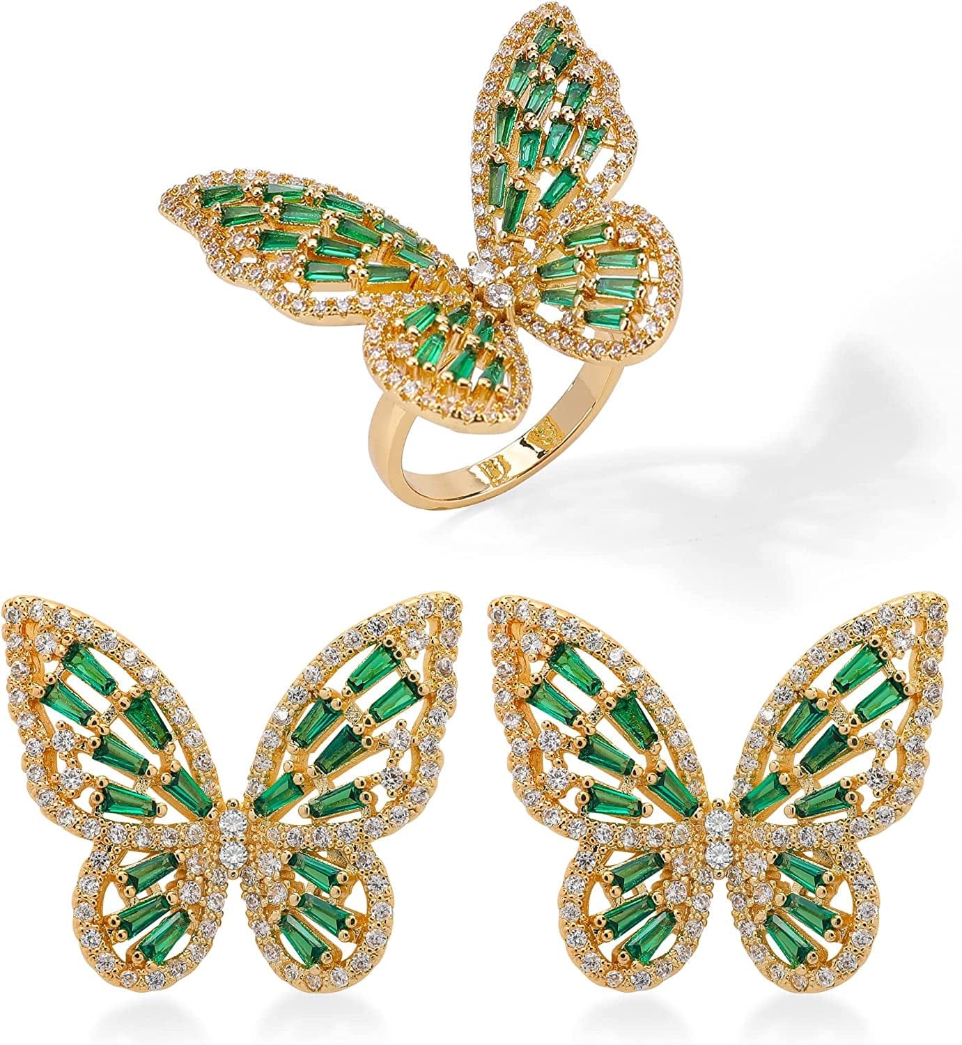 Women'S Jewelry Sets Crystal Butterfly Earrings Necklaces for Women Girls Cubic Zirconia White Gold Butterfly Necklace Ring Bangle Bracelet Birthday Anniversary Valentines Mother'S Day Jewelry Gifts for Mom Bridesmaid Wife Sister Friend EA95 Gold Green-Earrings+Ring