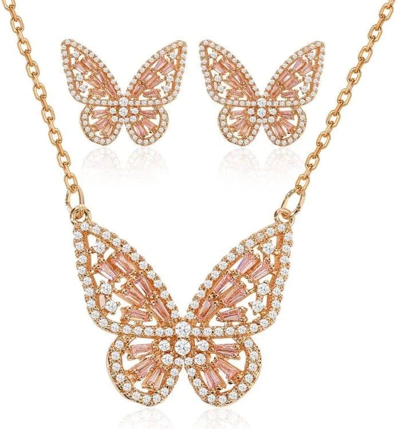 Women'S Jewelry Sets Crystal Butterfly Earrings Necklaces for Women Girls Cubic Zirconia White Gold Butterfly Necklace Ring Bangle Bracelet Birthday Anniversary Valentines Mother'S Day Jewelry Gifts for Mom Bridesmaid Wife Sister Friend EA95 Golden Pink-Earrings + Necklace
