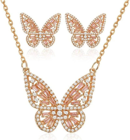 Women'S Jewelry Sets Crystal Butterfly Earrings Necklaces for Women Girls Cubic Zirconia White Gold Butterfly Necklace Ring Bangle Bracelet Birthday Anniversary Valentines Mother'S Day Jewelry Gifts for Mom Bridesmaid Wife Sister Friend EA95 Golden Pink-Earrings + Necklace