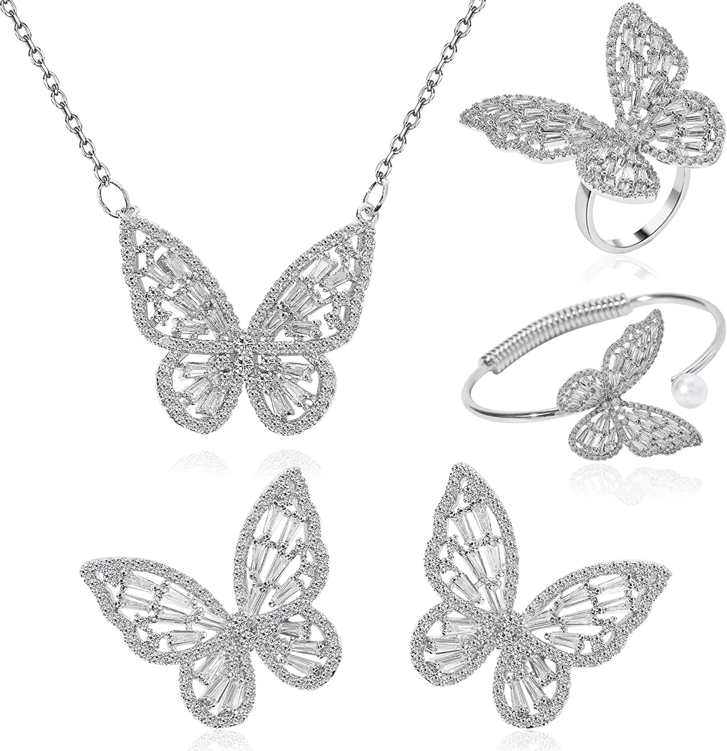 Women'S Jewelry Sets Crystal Butterfly Earrings Necklaces for Women Girls Cubic Zirconia White Gold Butterfly Necklace Ring Bangle Bracelet Birthday Anniversary Valentines Mother'S Day Jewelry Gifts for Mom Bridesmaid Wife Sister Friend 95 Silver-Earrings+Necklace+Bangle+Ring