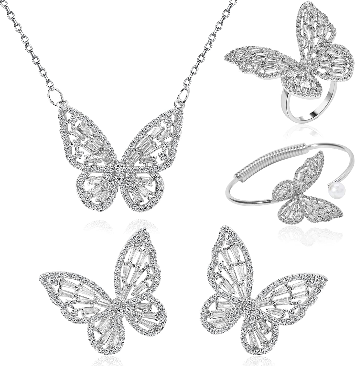 Women'S Jewelry Sets Crystal Butterfly Earrings Necklaces for Women Girls Cubic Zirconia White Gold Butterfly Necklace Ring Bangle Bracelet Birthday Anniversary Valentines Mother'S Day Jewelry Gifts for Mom Bridesmaid Wife Sister Friend 95 Silver-Earrings+Necklace+Bangle+Ring