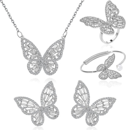 Women'S Jewelry Sets Crystal Butterfly Earrings Necklaces for Women Girls Cubic Zirconia White Gold Butterfly Necklace Ring Bangle Bracelet Birthday Anniversary Valentines Mother'S Day Jewelry Gifts for Mom Bridesmaid Wife Sister Friend 95 Silver-Earrings+Necklace+Bangle+Ring