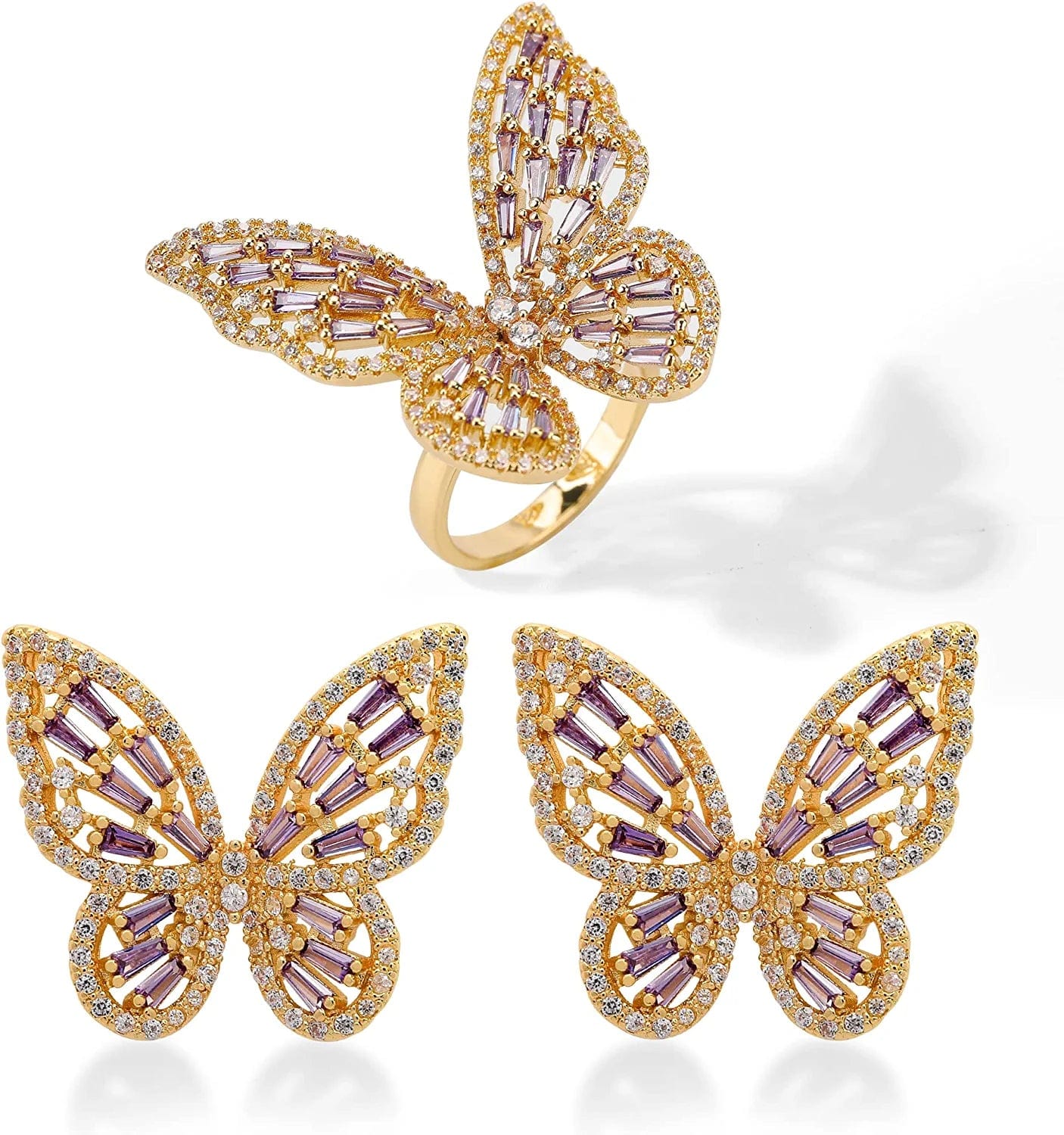 Women'S Jewelry Sets Crystal Butterfly Earrings Necklaces for Women Girls Cubic Zirconia White Gold Butterfly Necklace Ring Bangle Bracelet Birthday Anniversary Valentines Mother'S Day Jewelry Gifts for Mom Bridesmaid Wife Sister Friend EA95 Gold Purple-Earrings+Ring