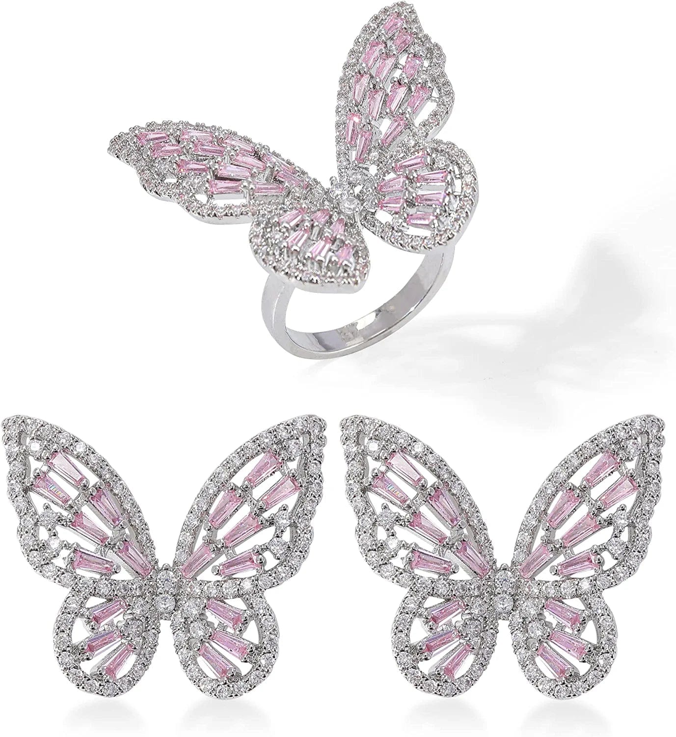 Women'S Jewelry Sets Crystal Butterfly Earrings Necklaces for Women Girls Cubic Zirconia White Gold Butterfly Necklace Ring Bangle Bracelet Birthday Anniversary Valentines Mother'S Day Jewelry Gifts for Mom Bridesmaid Wife Sister Friend EA95 Silver Pink-Earrings+Ring