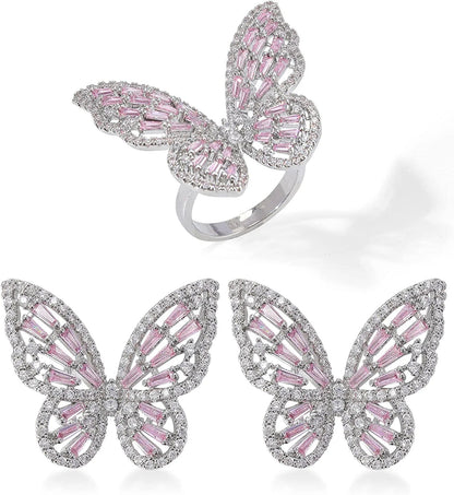 Women'S Jewelry Sets Crystal Butterfly Earrings Necklaces for Women Girls Cubic Zirconia White Gold Butterfly Necklace Ring Bangle Bracelet Birthday Anniversary Valentines Mother'S Day Jewelry Gifts for Mom Bridesmaid Wife Sister Friend EA95 Silver Pink-Earrings+Ring