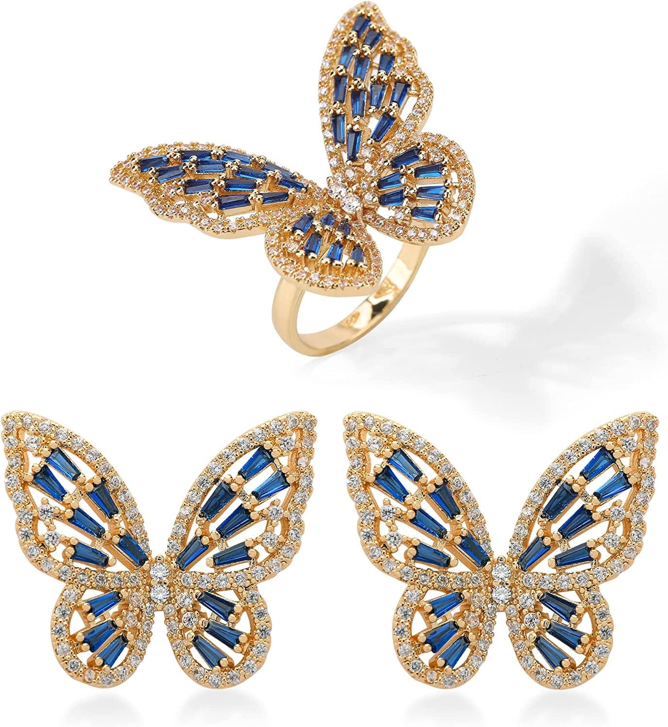 Women'S Jewelry Sets Crystal Butterfly Earrings Necklaces for Women Girls Cubic Zirconia White Gold Butterfly Necklace Ring Bangle Bracelet Birthday Anniversary Valentines Mother'S Day Jewelry Gifts for Mom Bridesmaid Wife Sister Friend EA95 Gold Blue-Earrings+Ring