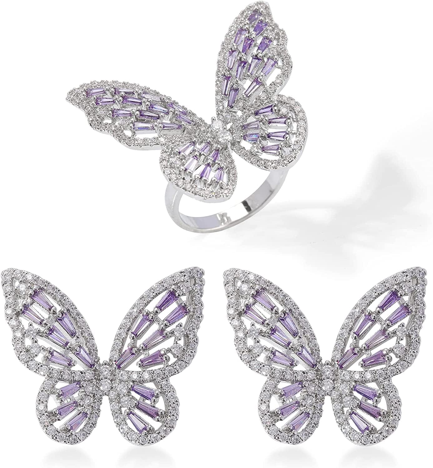 Women'S Jewelry Sets Crystal Butterfly Earrings Necklaces for Women Girls Cubic Zirconia White Gold Butterfly Necklace Ring Bangle Bracelet Birthday Anniversary Valentines Mother'S Day Jewelry Gifts for Mom Bridesmaid Wife Sister Friend EA95 Silver Purple-Earrings+Ring