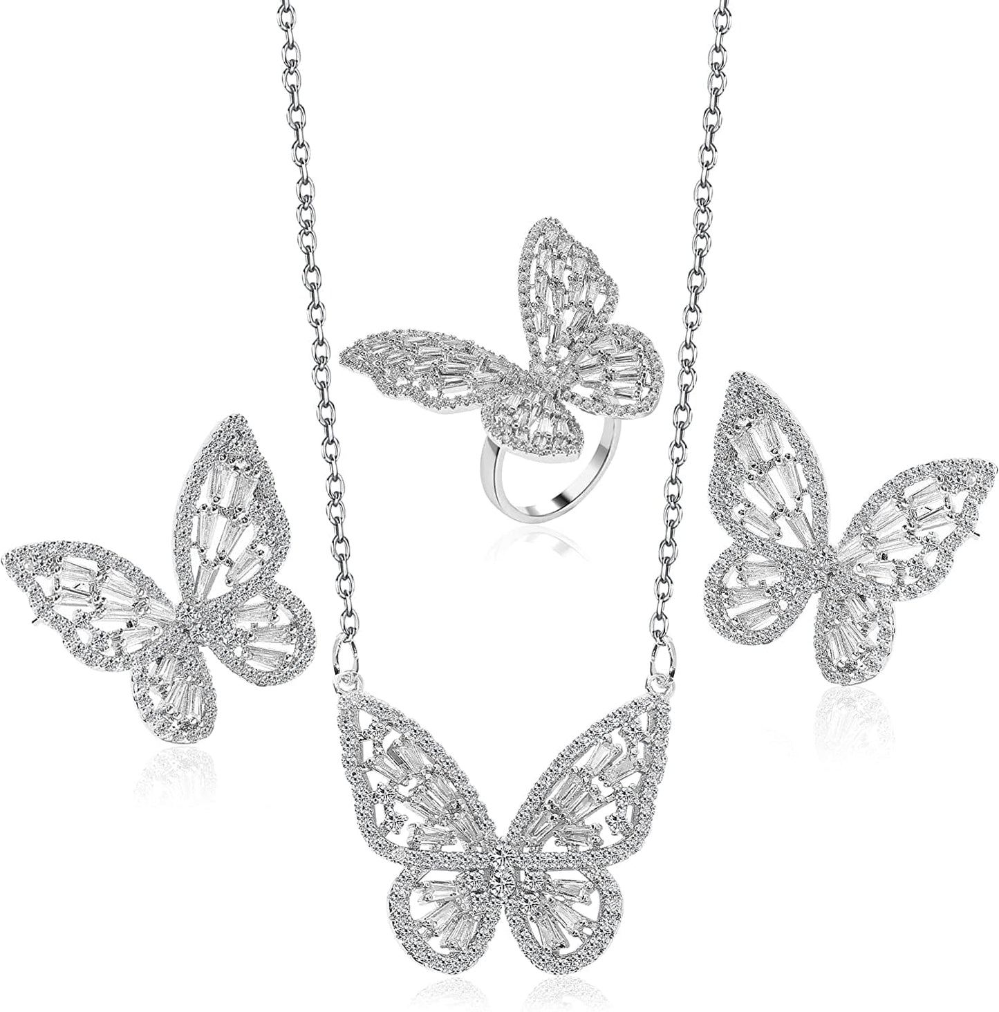 Women'S Jewelry Sets Crystal Butterfly Earrings Necklaces for Women Girls Cubic Zirconia White Gold Butterfly Necklace Ring Bangle Bracelet Birthday Anniversary Valentines Mother'S Day Jewelry Gifts for Mom Bridesmaid Wife Sister Friend 95 Silver-Earrings+Necklace+Ring