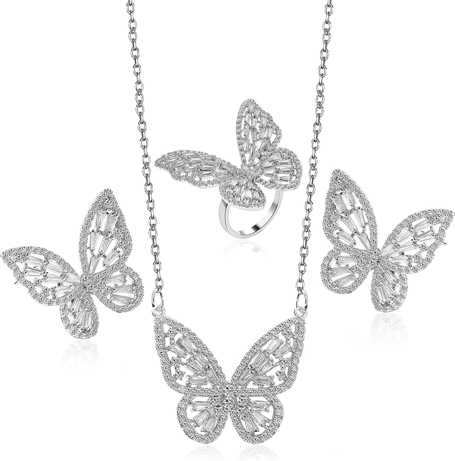 Women'S Jewelry Sets Crystal Butterfly Earrings Necklaces for Women Girls Cubic Zirconia White Gold Butterfly Necklace Ring Bangle Bracelet Birthday Anniversary Valentines Mother'S Day Jewelry Gifts for Mom Bridesmaid Wife Sister Friend 95 Silver-Earrings+Necklace+Ring