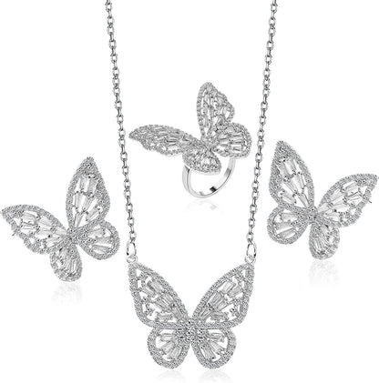 Women'S Jewelry Sets Crystal Butterfly Earrings Necklaces for Women Girls Cubic Zirconia White Gold Butterfly Necklace Ring Bangle Bracelet Birthday Anniversary Valentines Mother'S Day Jewelry Gifts for Mom Bridesmaid Wife Sister Friend 95 Silver-Earrings+Necklace+Ring