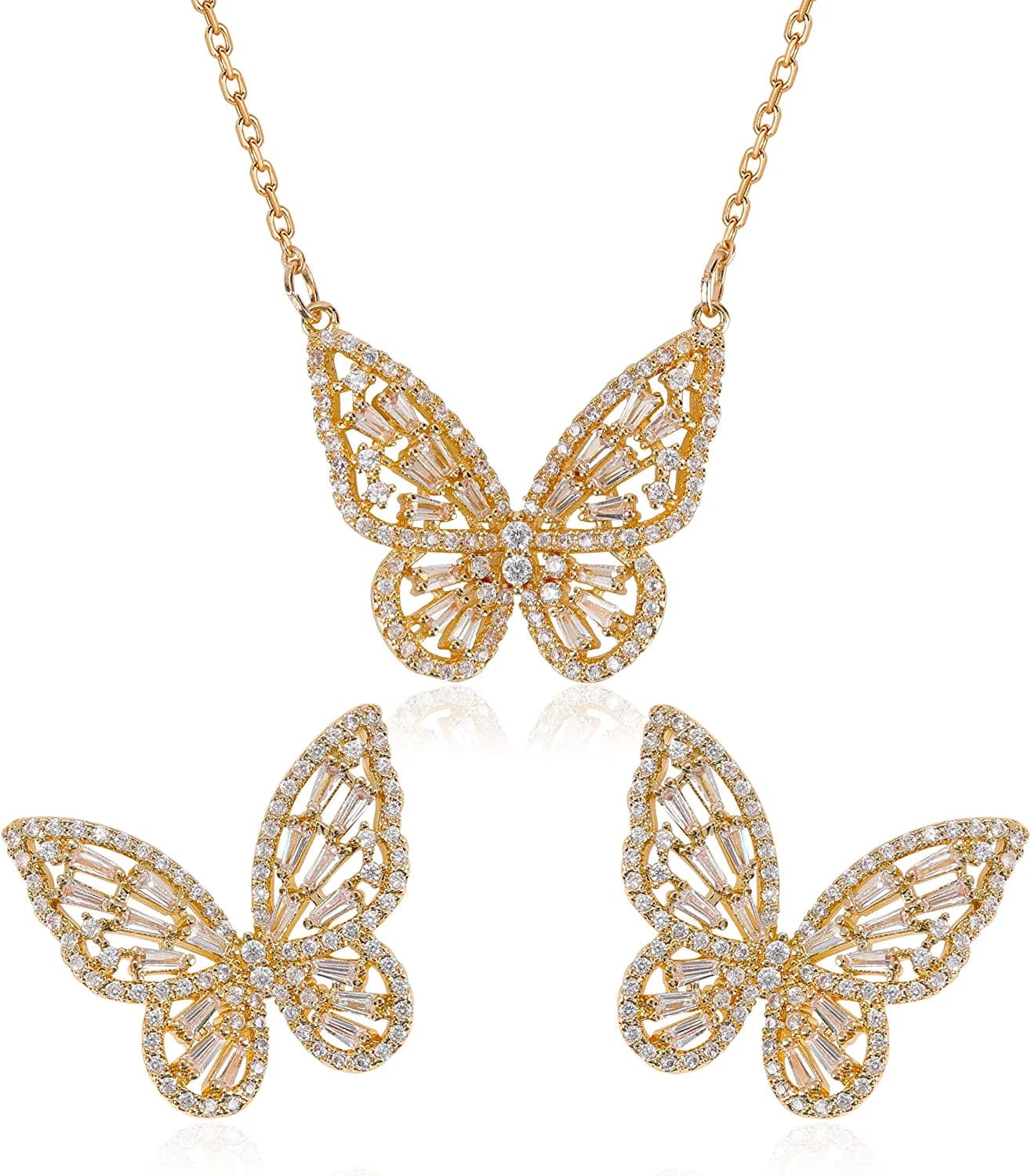 Women'S Jewelry Sets Crystal Butterfly Earrings Necklaces for Women Girls Cubic Zirconia White Gold Butterfly Necklace Ring Bangle Bracelet Birthday Anniversary Valentines Mother'S Day Jewelry Gifts for Mom Bridesmaid Wife Sister Friend 95 Gold-Earrings+Necklace