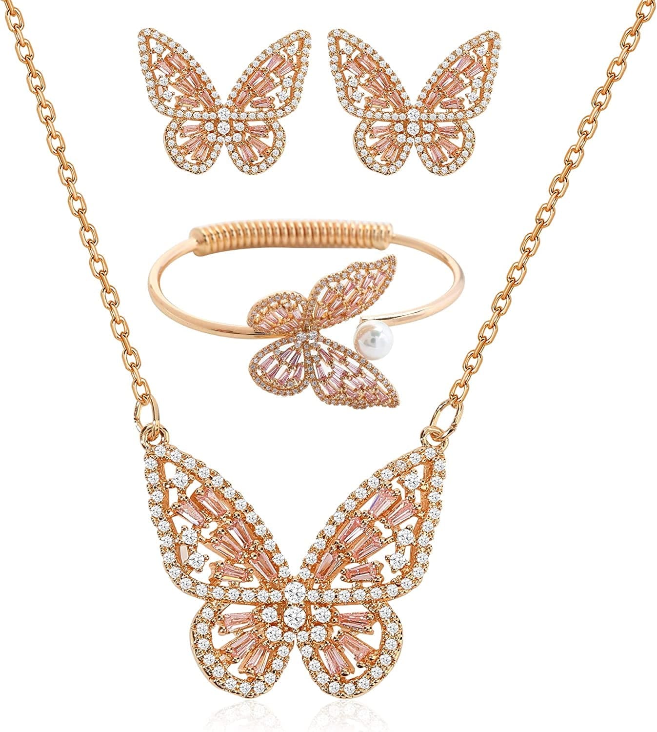 Women'S Jewelry Sets Crystal Butterfly Earrings Necklaces for Women Girls Cubic Zirconia White Gold Butterfly Necklace Ring Bangle Bracelet Birthday Anniversary Valentines Mother'S Day Jewelry Gifts for Mom Bridesmaid Wife Sister Friend 95 Golden Pink-Earrings+Necklace+Bangle