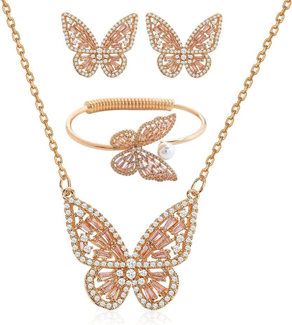 Women'S Jewelry Sets Crystal Butterfly Earrings Necklaces for Women Girls Cubic Zirconia White Gold Butterfly Necklace Ring Bangle Bracelet Birthday Anniversary Valentines Mother'S Day Jewelry Gifts for Mom Bridesmaid Wife Sister Friend 95 Golden Pink-Earrings+Necklace+Bangle