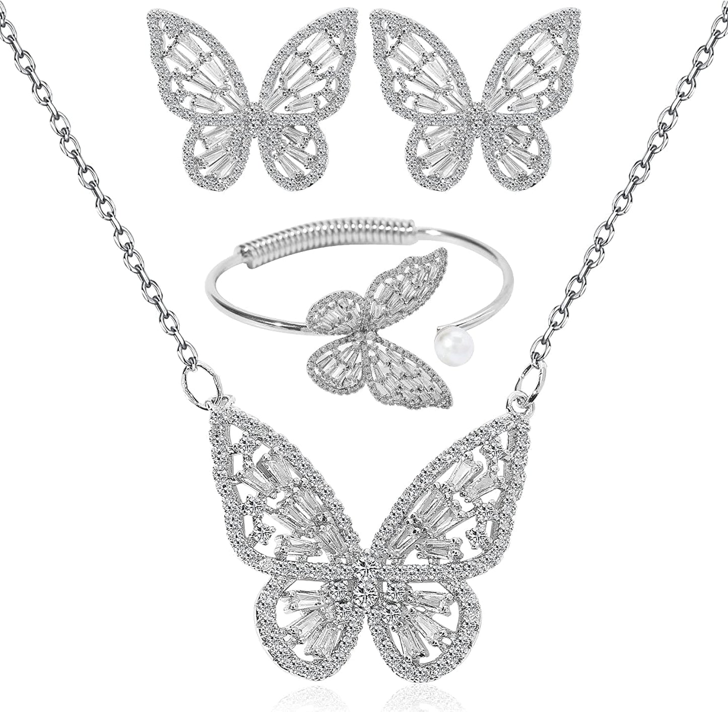 Women'S Jewelry Sets Crystal Butterfly Earrings Necklaces for Women Girls Cubic Zirconia White Gold Butterfly Necklace Ring Bangle Bracelet Birthday Anniversary Valentines Mother'S Day Jewelry Gifts for Mom Bridesmaid Wife Sister Friend 95 Silver-Earrings+Necklace+Bangle