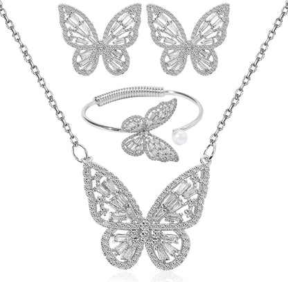 Women'S Jewelry Sets Crystal Butterfly Earrings Necklaces for Women Girls Cubic Zirconia White Gold Butterfly Necklace Ring Bangle Bracelet Birthday Anniversary Valentines Mother'S Day Jewelry Gifts for Mom Bridesmaid Wife Sister Friend 95 Silver-Earrings+Necklace+Bangle