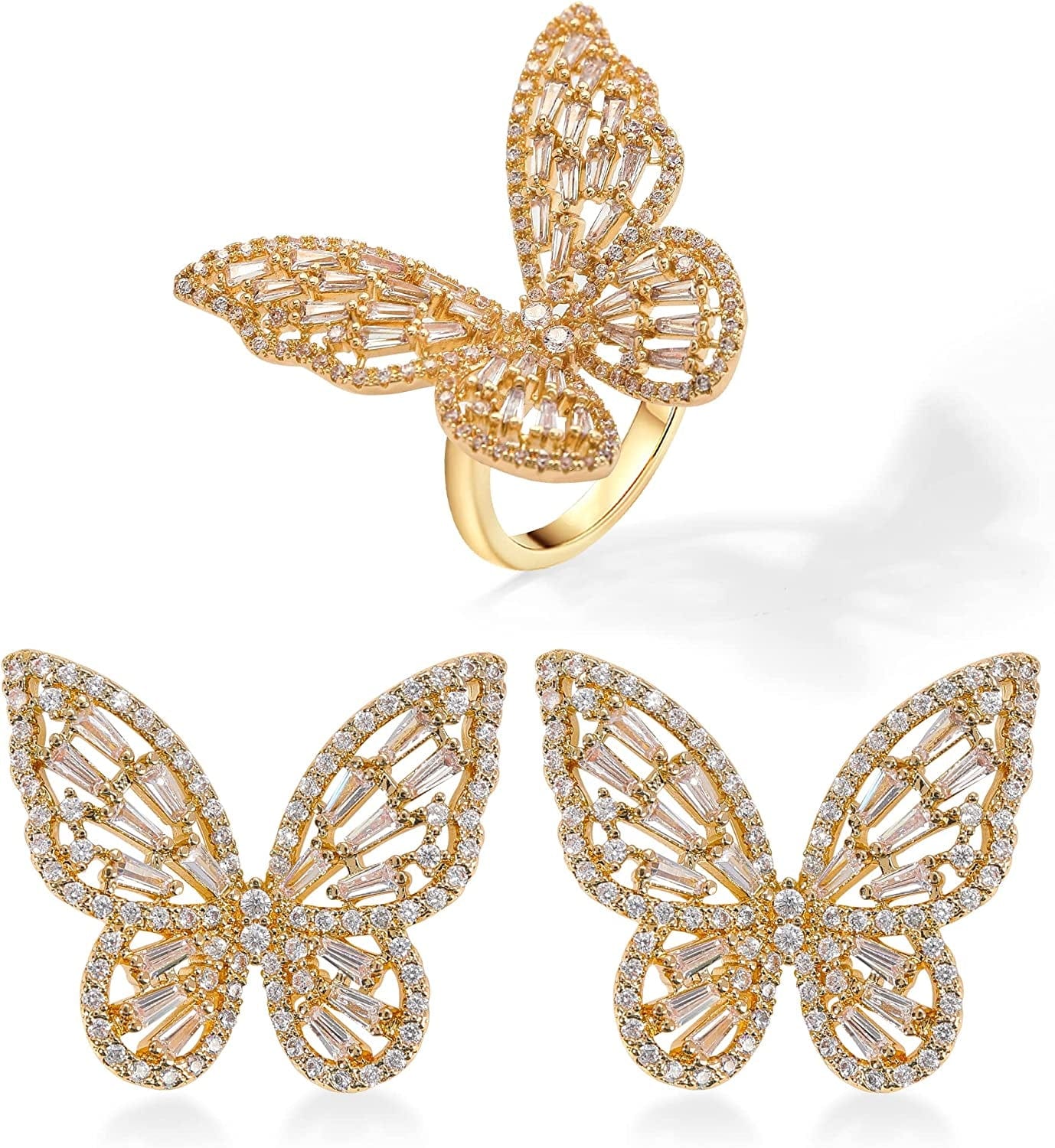 Women'S Jewelry Sets Crystal Butterfly Earrings Necklaces for Women Girls Cubic Zirconia White Gold Butterfly Necklace Ring Bangle Bracelet Birthday Anniversary Valentines Mother'S Day Jewelry Gifts for Mom Bridesmaid Wife Sister Friend EA95 Gold-Earrings+Ring