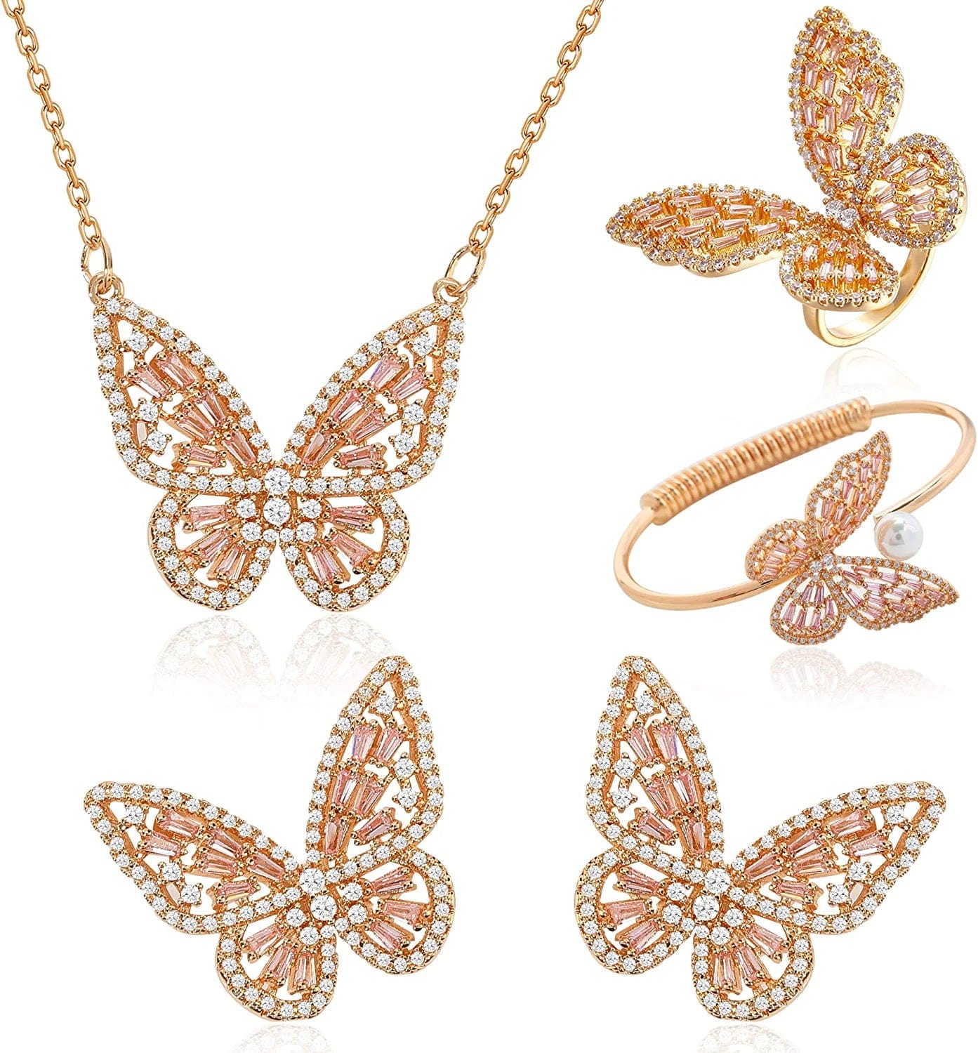 Women'S Jewelry Sets Crystal Butterfly Earrings Necklaces for Women Girls Cubic Zirconia White Gold Butterfly Necklace Ring Bangle Bracelet Birthday Anniversary Valentines Mother'S Day Jewelry Gifts for Mom Bridesmaid Wife Sister Friend 95 Golden Pink-Earrings+Necklace+Bangle+Ring