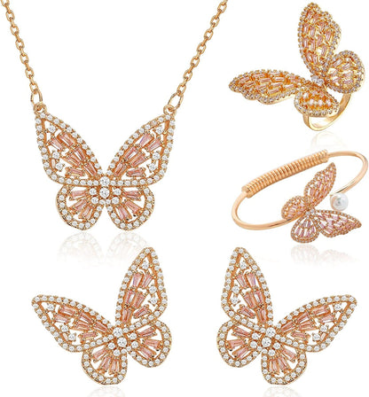 Women'S Jewelry Sets Crystal Butterfly Earrings Necklaces for Women Girls Cubic Zirconia White Gold Butterfly Necklace Ring Bangle Bracelet Birthday Anniversary Valentines Mother'S Day Jewelry Gifts for Mom Bridesmaid Wife Sister Friend 95 Golden Pink-Earrings+Necklace+Bangle+Ring