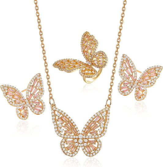 Women'S Jewelry Sets Crystal Butterfly Earrings Necklaces for Women Girls Cubic Zirconia White Gold Butterfly Necklace Ring Bangle Bracelet Birthday Anniversary Valentines Mother'S Day Jewelry Gifts for Mom Bridesmaid Wife Sister Friend 95 Golden Pink-Earrings+Necklace+Ring