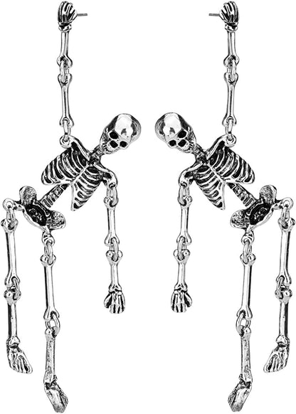 Women'S Jointed Skeleton Dangle Long Earrings - 3-1/2 Inch - Ultra Light - Lead & Nickle Free - Halloween Costume Accessories Post silver