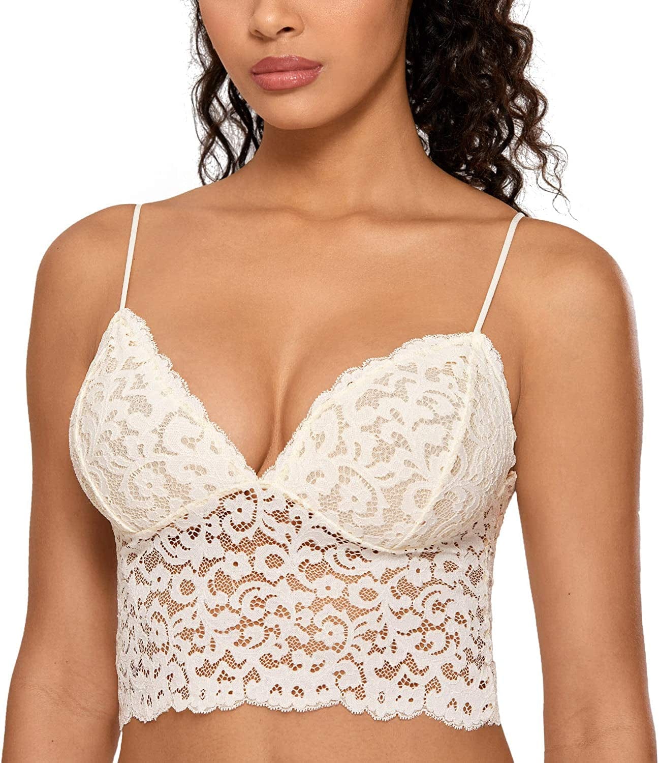 Women'S Lace Bralette Cami Lightly Padded Plunge Bra Wireless Longline Top Ivory / Small