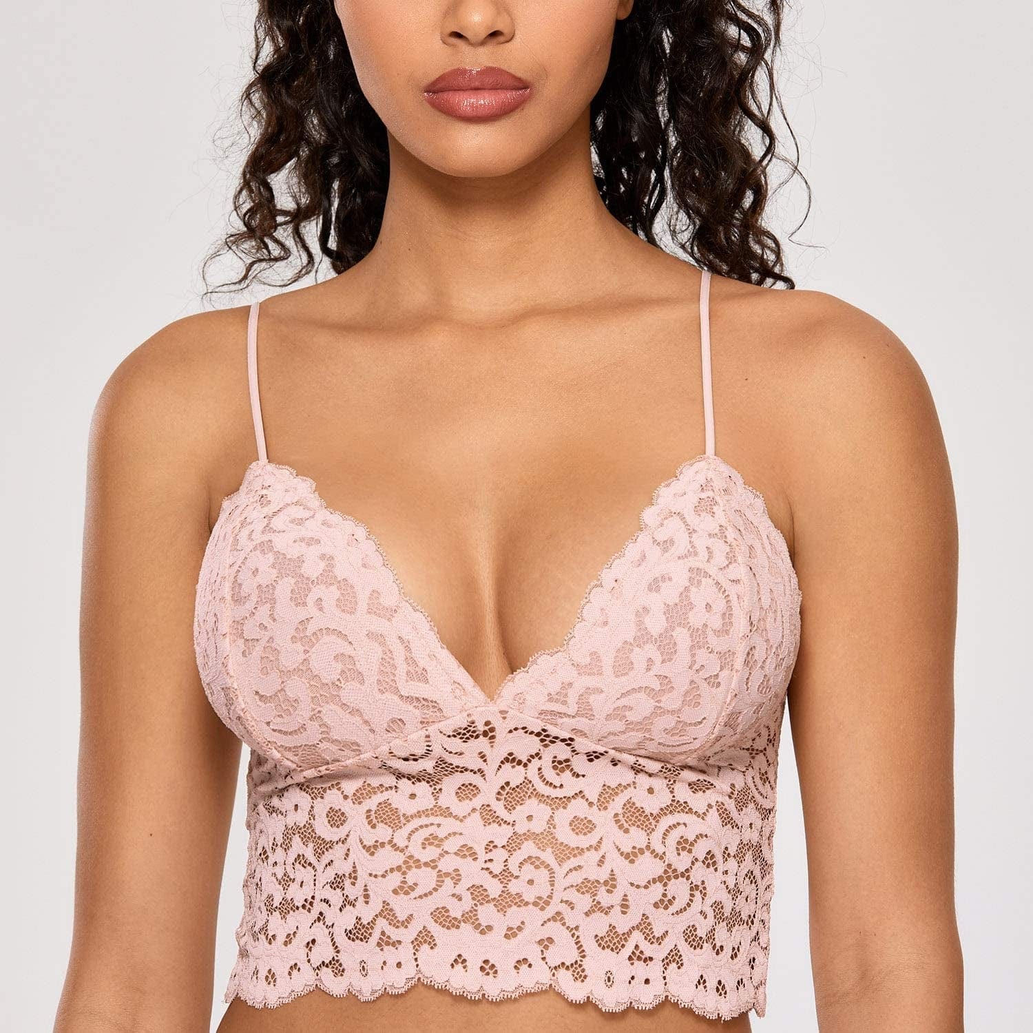 Women'S Lace Bralette Cami Lightly Padded Plunge Bra Wireless Longline Top