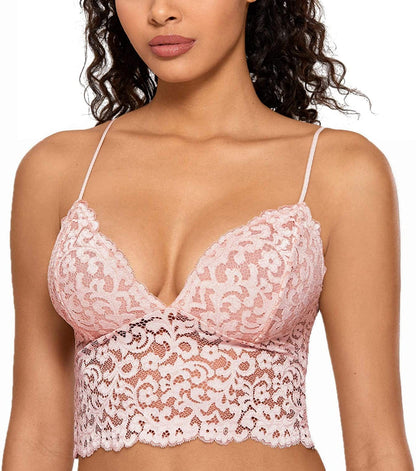 Women'S Lace Bralette Cami Lightly Padded Plunge Bra Wireless Longline Top Gentle Rose / Medium