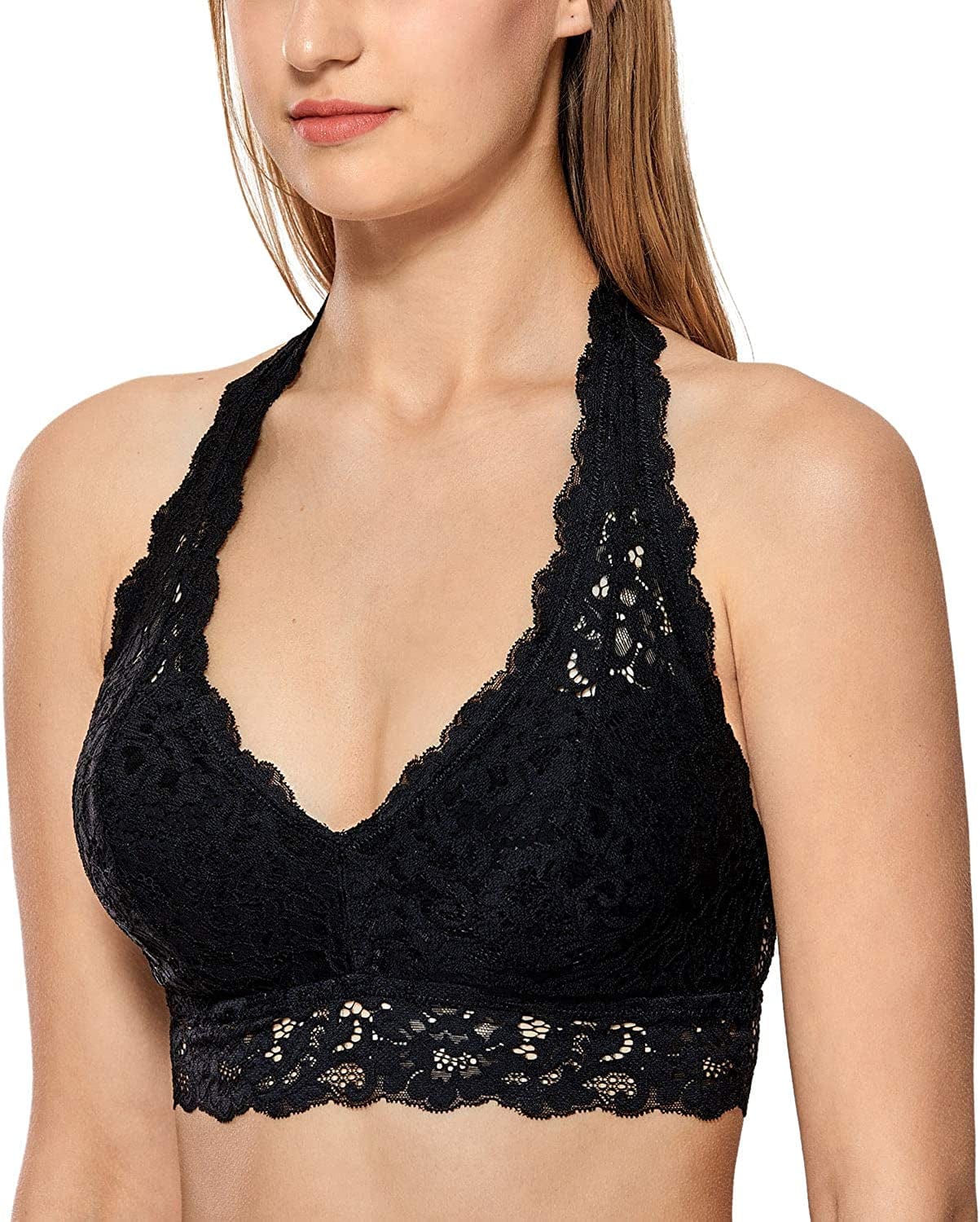 Women'S Lace Bralette Halter High Neck Wireless Bra Plunge Lightly Padded Top Black / X-Small