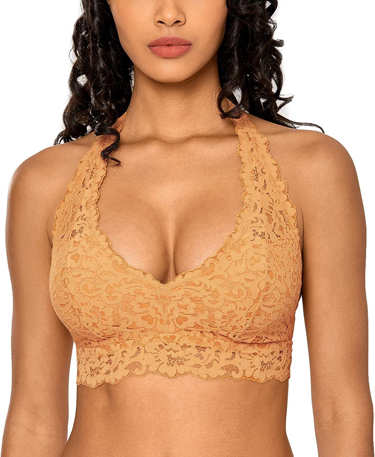 Women'S Lace Bralette Halter High Neck Wireless Bra Plunge Lightly Padded Top