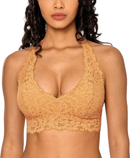 Women'S Lace Bralette Halter High Neck Wireless Bra Plunge Lightly Padded Top