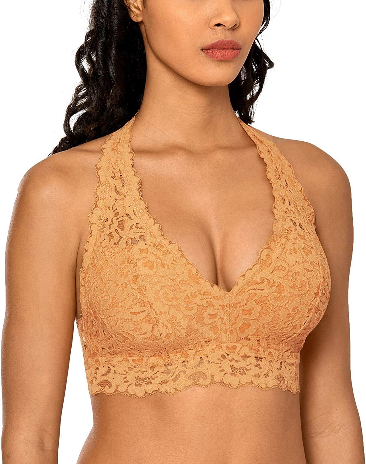 Women'S Lace Bralette Halter High Neck Wireless Bra Plunge Lightly Padded Top Party Peach / X-Small