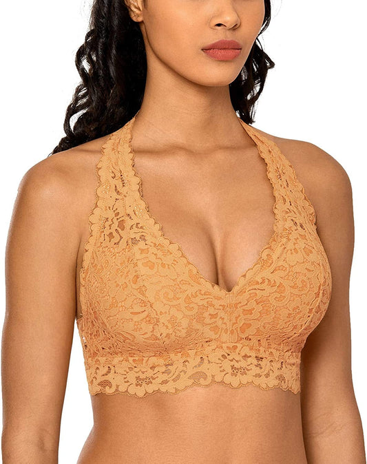 Women'S Lace Bralette Halter High Neck Wireless Bra Plunge Lightly Padded Top Party Peach / X-Small