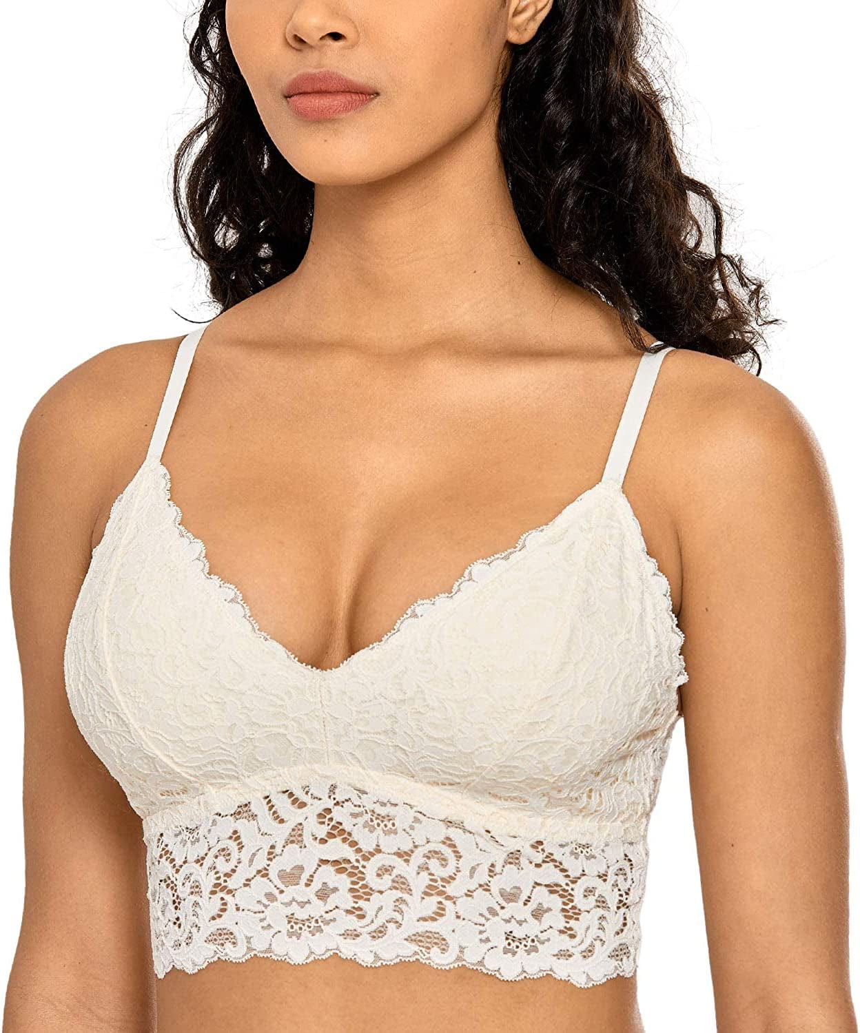 Women'S Lace Bralette Pullover Vest Cute Top Removable Padded Wireless Bra Ivory / Large