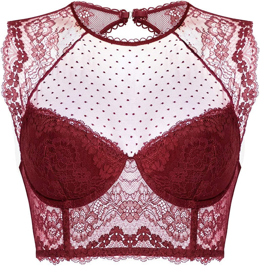 Women'S Lace Corset Top Sexy Bralette Bustier Bra Underwire plus Size Crop Top Dark Red / 34C