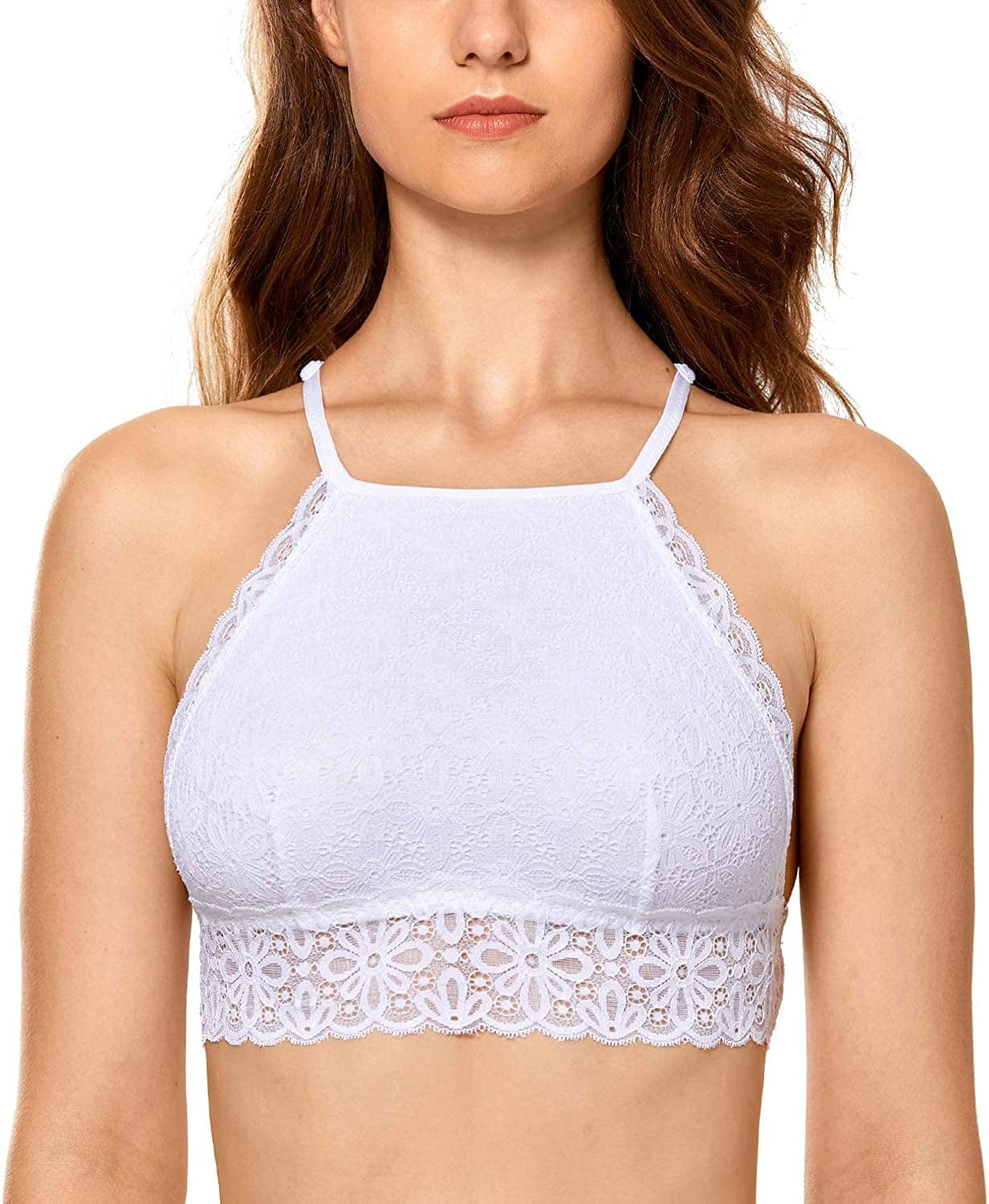 Women'S Lace Halter Bralette Racerback High Neck Wireless Unlined Bra White / Medium