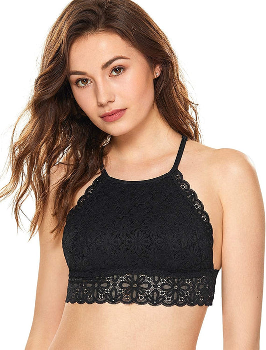 Women'S Lace Halter Bralette Racerback High Neck Wireless Unlined Bra Black / Small