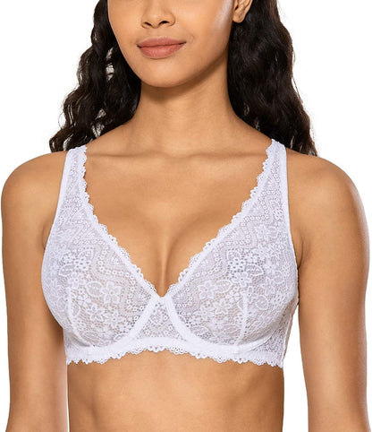 Women'S Lace Plunge Bra Sexy Underwire Bralette plus Size See through Unlined Bras