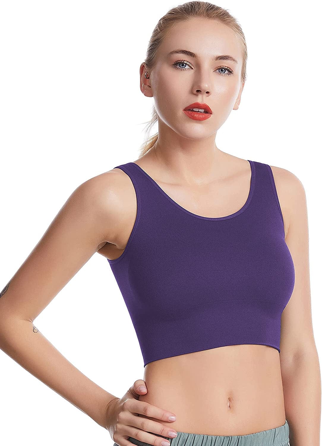 Women'S Light Support Seamless Sport Bra - Wireless Yoga Sleelveless Crop Tops 2p-violet White / Small