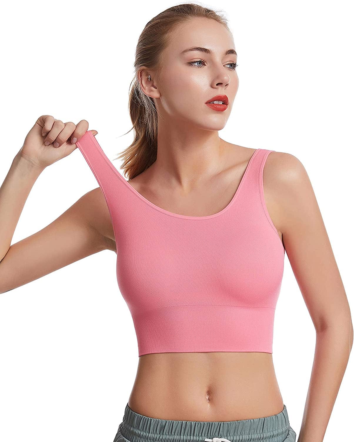 Women'S Light Support Seamless Sport Bra - Wireless Yoga Sleelveless Crop Tops 3p-black Chestnut Rose / Small