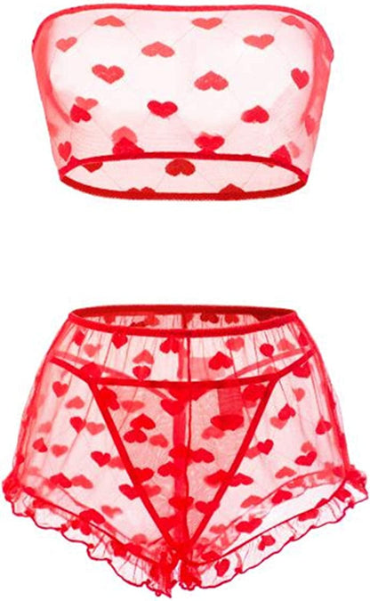 Women'S Lingerie Set Stretchy Lace Bandeau Bra Top Underwear with Shorts and Thong Size S-XXL Red / Large