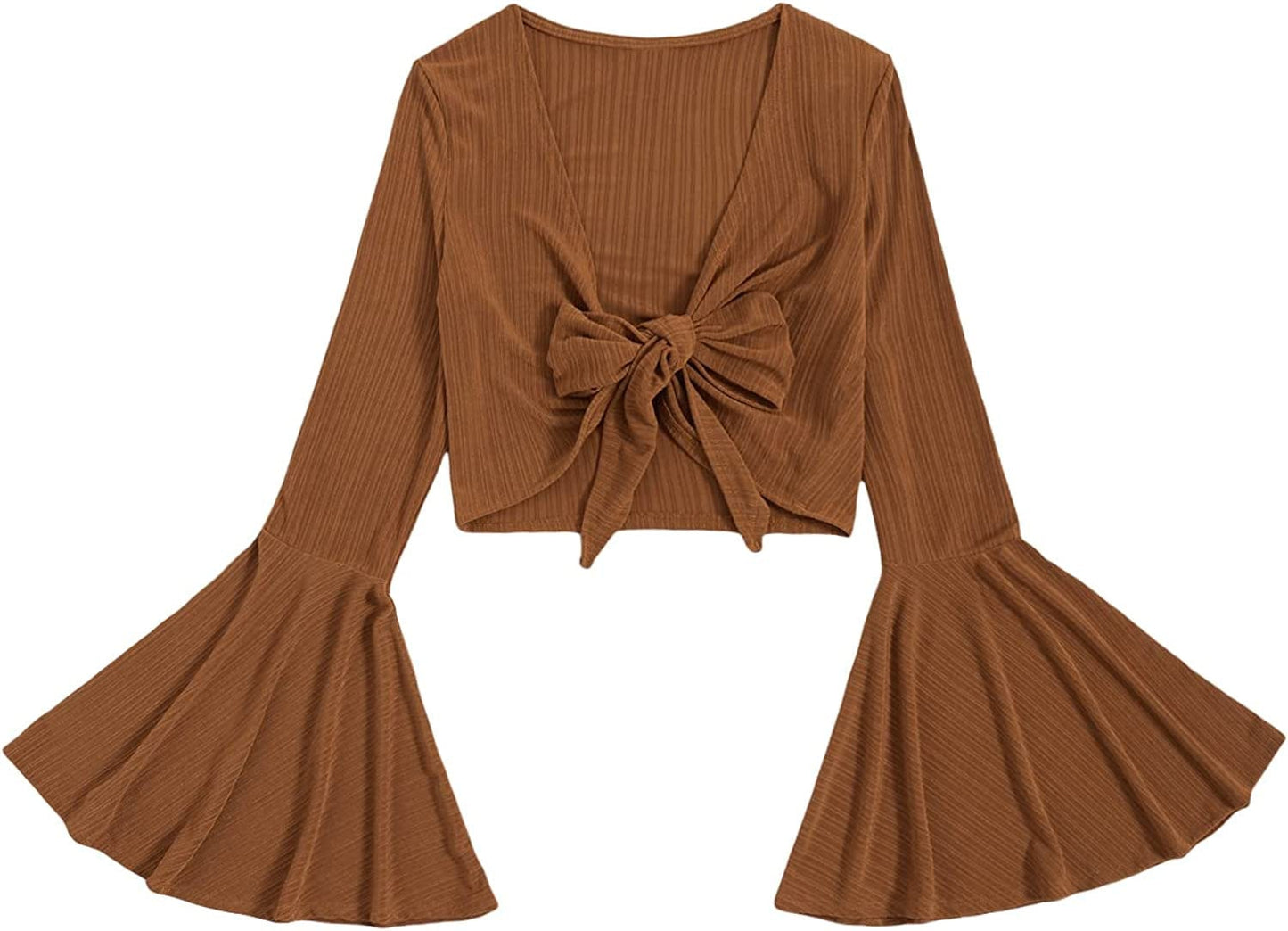 Women'S Long Bell Sleeve V Neck Tie Front Rib Knit Crop Top Blouse Rust Brown / Small