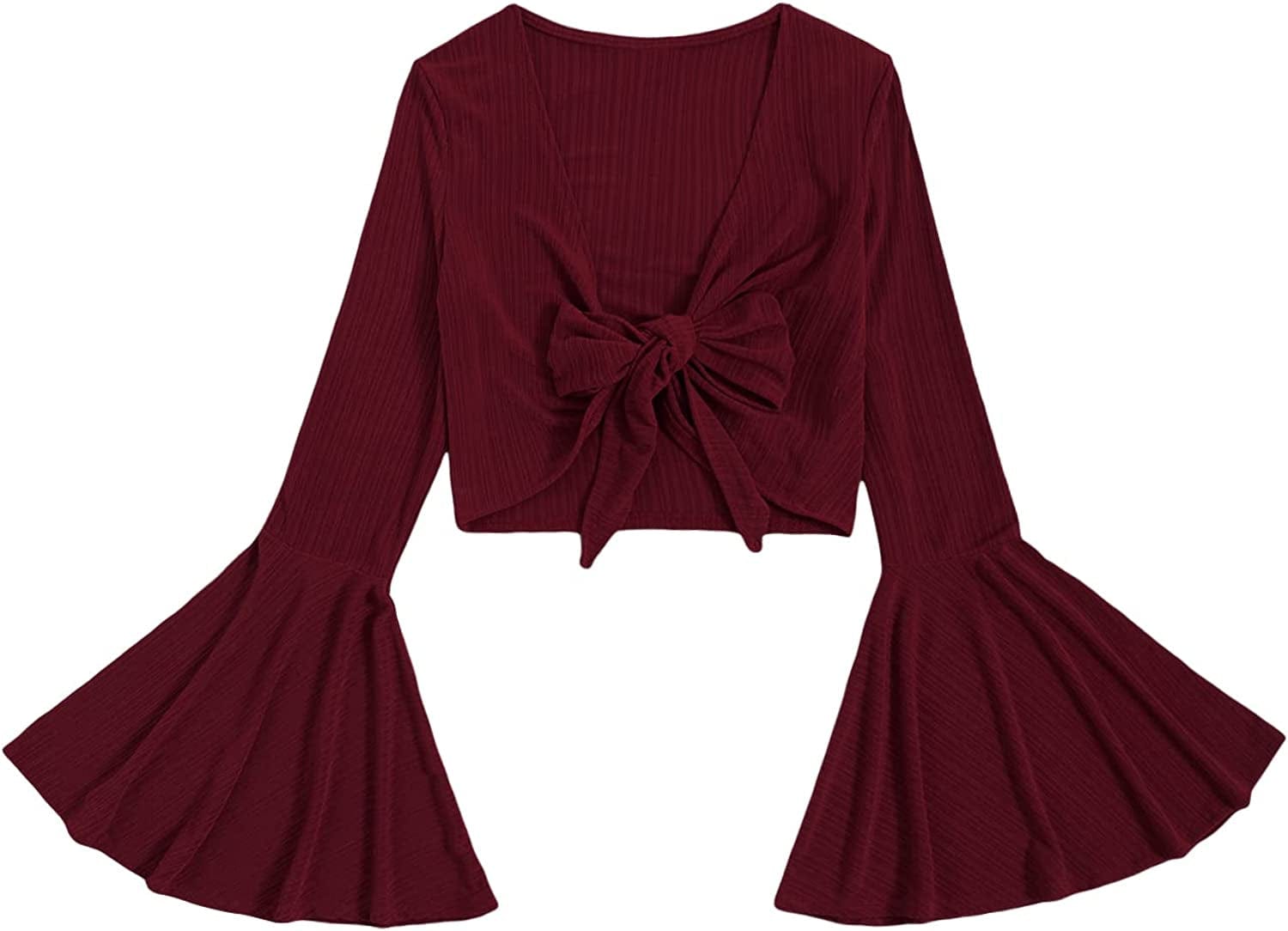 Women'S Long Bell Sleeve V Neck Tie Front Rib Knit Crop Top Blouse Burgundy Red / Small