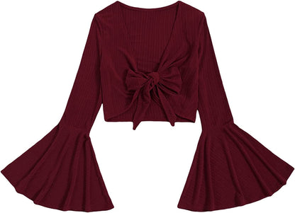 Women'S Long Bell Sleeve V Neck Tie Front Rib Knit Crop Top Blouse Burgundy Red / Small