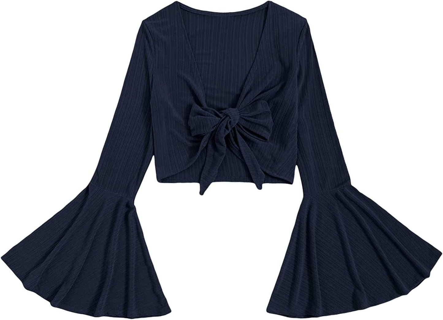 Women'S Long Bell Sleeve V Neck Tie Front Rib Knit Crop Top Blouse Dark Navy / Small